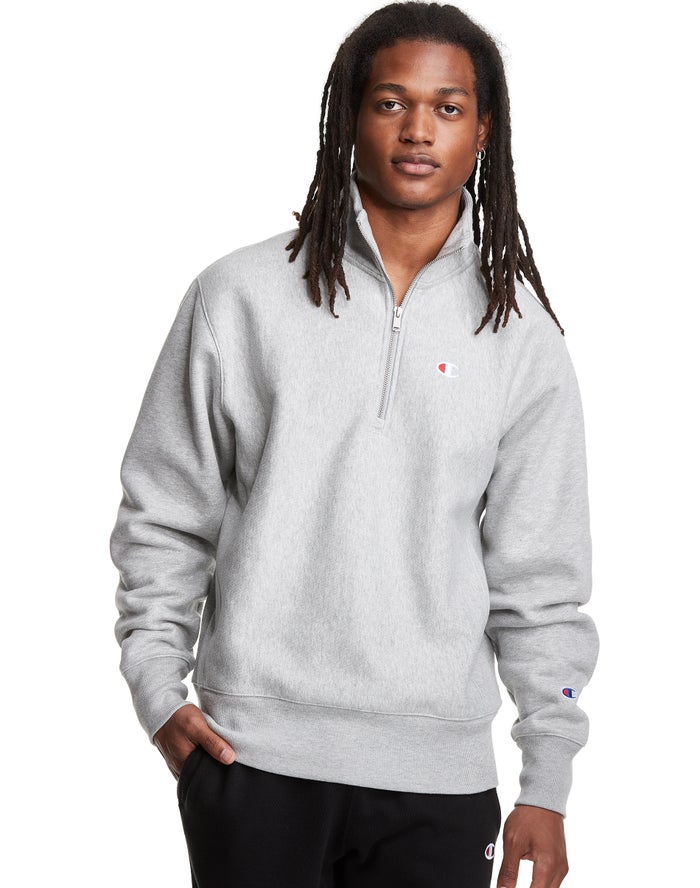 Champion Herre Sweatshirt Grå - Reverse Weave 1/4 Zip Embroidered C Logo - Danmark IYF-805264